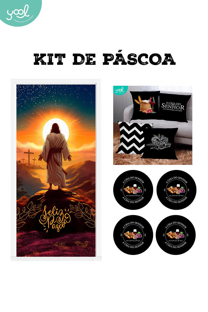 Kit de Páscoa Cristã Jesus 1 Capa de Porta + 4 Capa de Almofada + 4 Capa de Sousplat