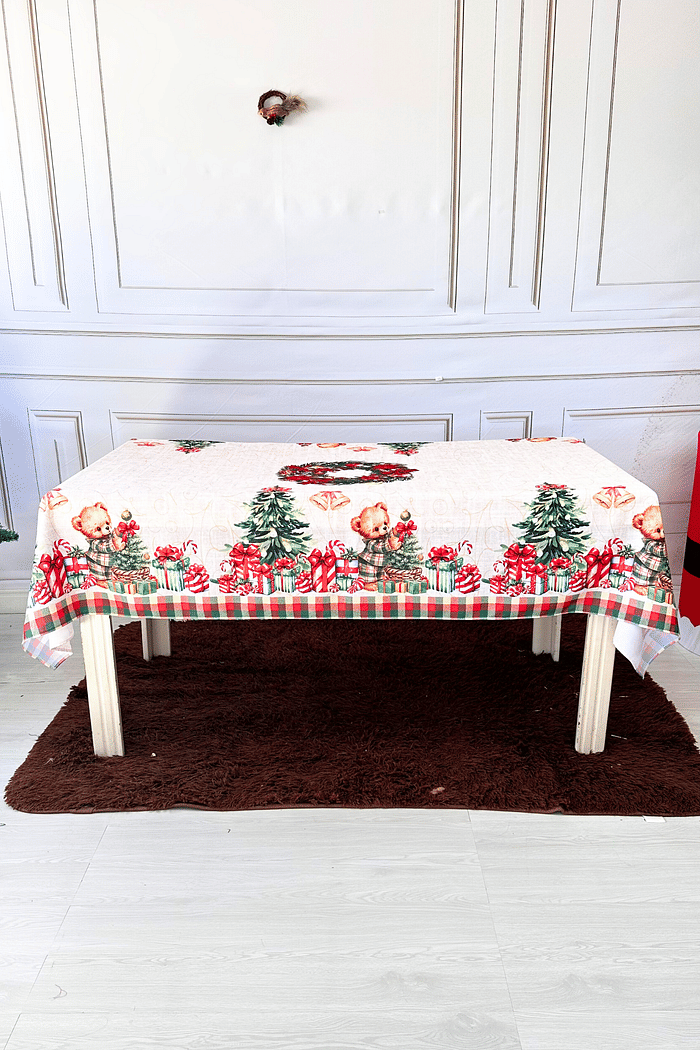 Toalha de Mesa Natal Retangular 6 Lugares Bege ursinho e presentes Luxo 2,30x1,40