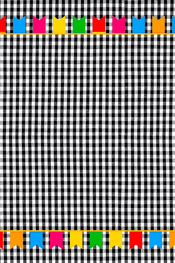 Toalha de Mesa Festa Junina Xadrez Preto com Bandeirolas Coloridas , Medida 1,40mt x 1,40mt