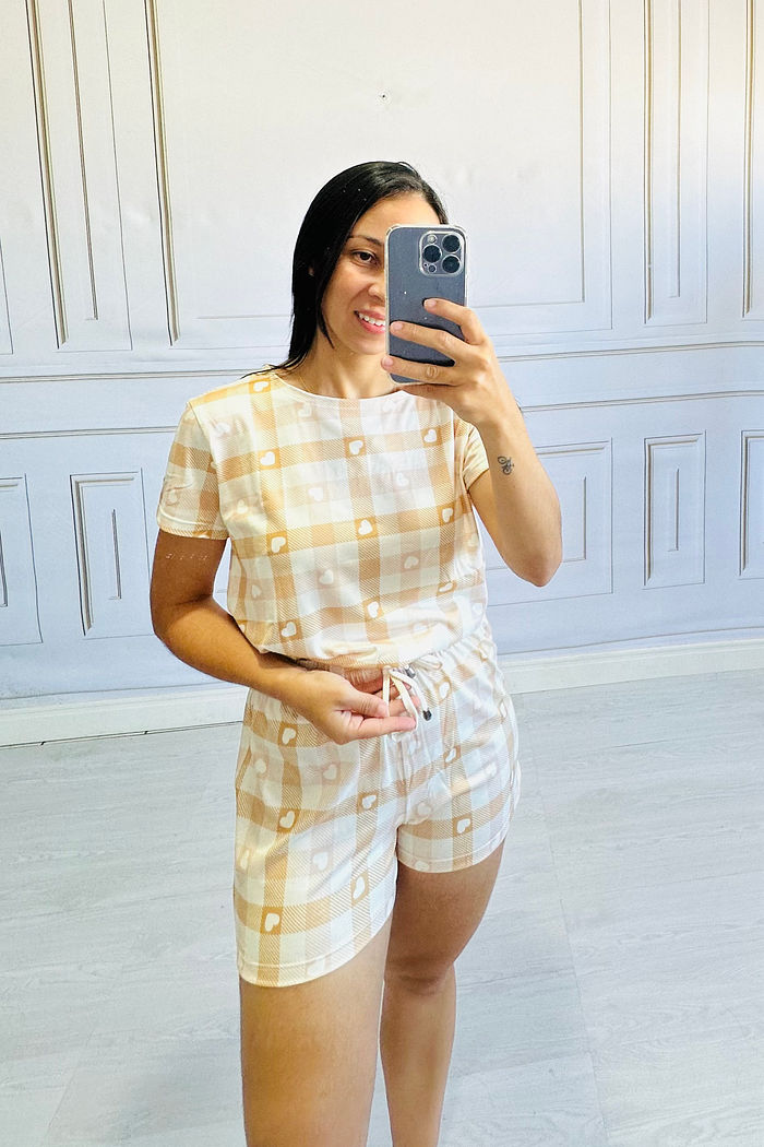 Pijama Manga Curta Xadrez com corações ROSÊ