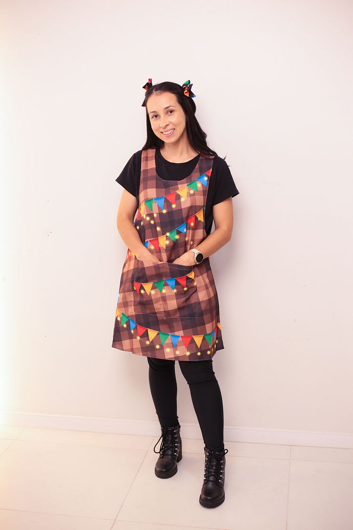 Avental Japonês Festa Junina Xadrez Marron