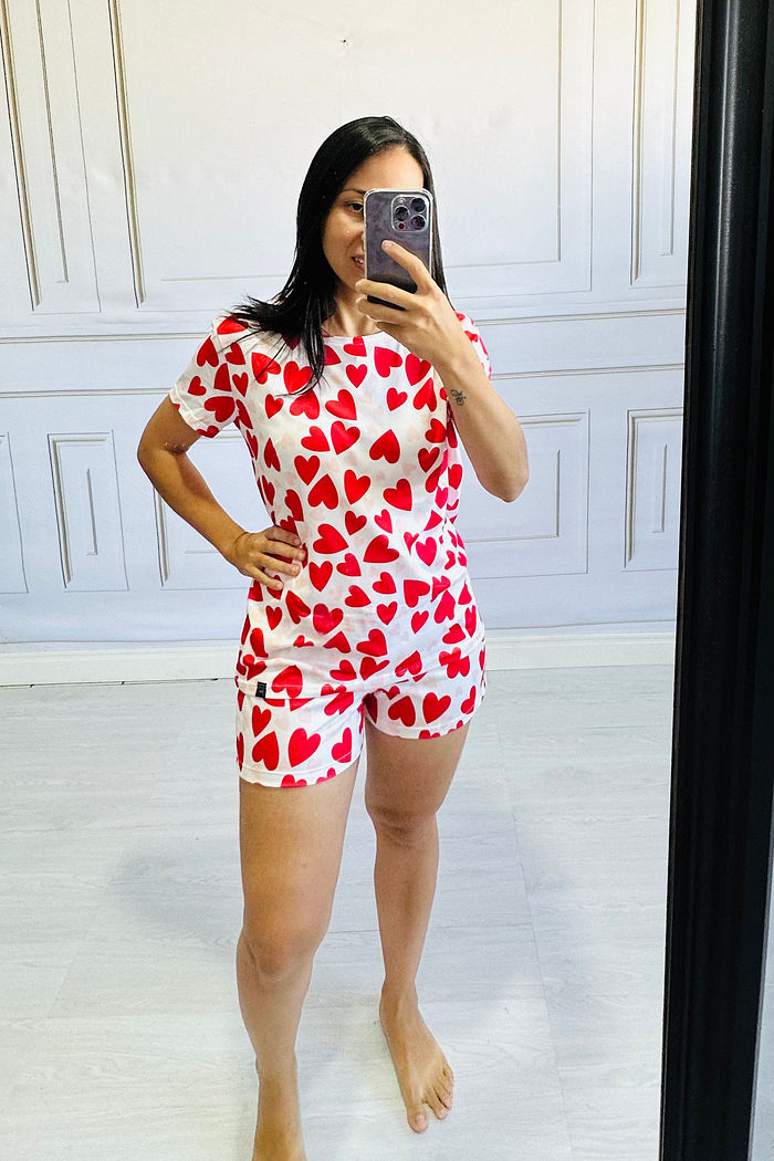Pijama Manga CURTA  Corações Dueto Rosê e Vermelho