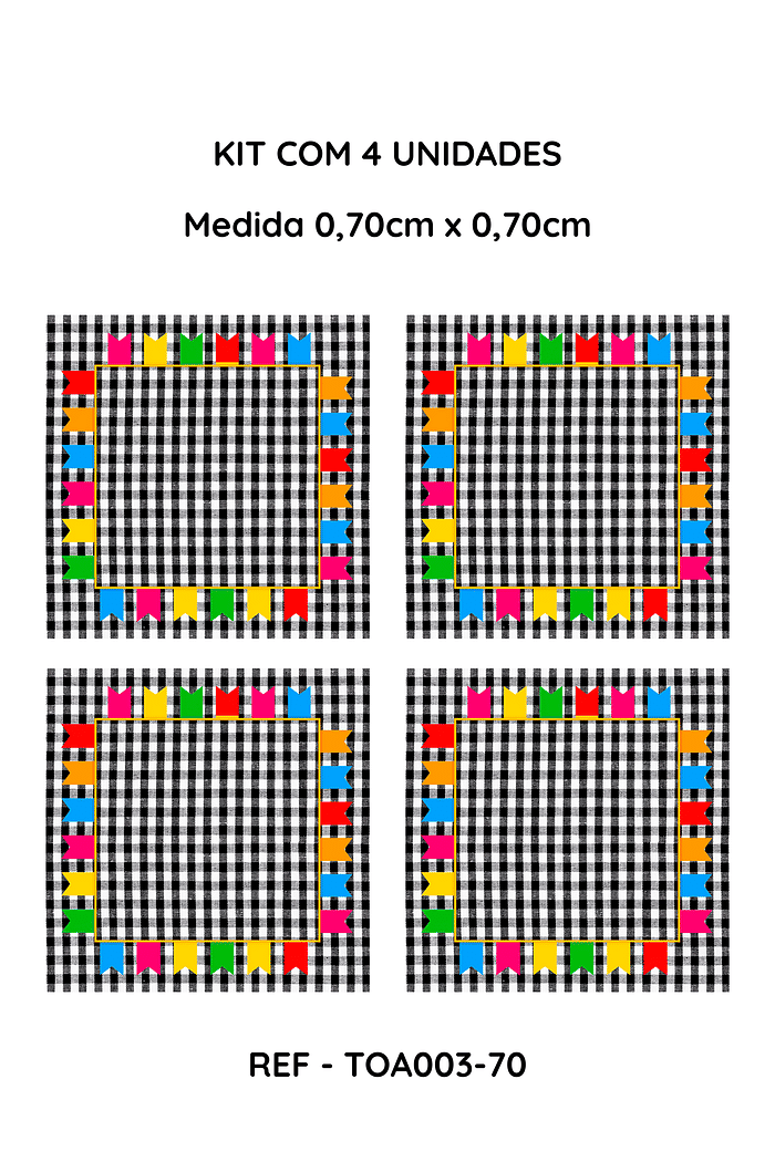 Kit com 4 Toalha de Mesa Festa Junina Xadrez Preto com Bandeirolas Coloridas , Medida 0,70mt x 0,70m