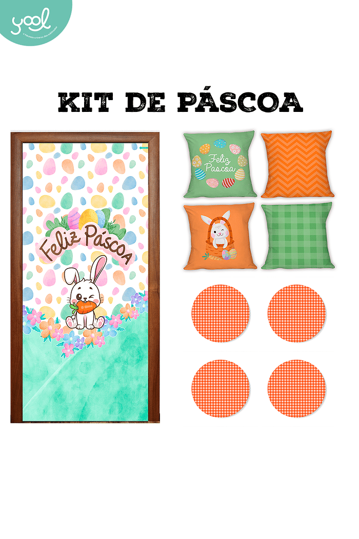 Kit de Páscoa Coelho Cenoura 1 Capa de Porta + 4 Capa de Almofada + 4 Capa de Sousplat