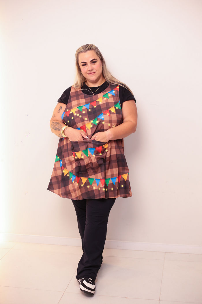 Avental Japonês Festa Junina Xadrez Marron