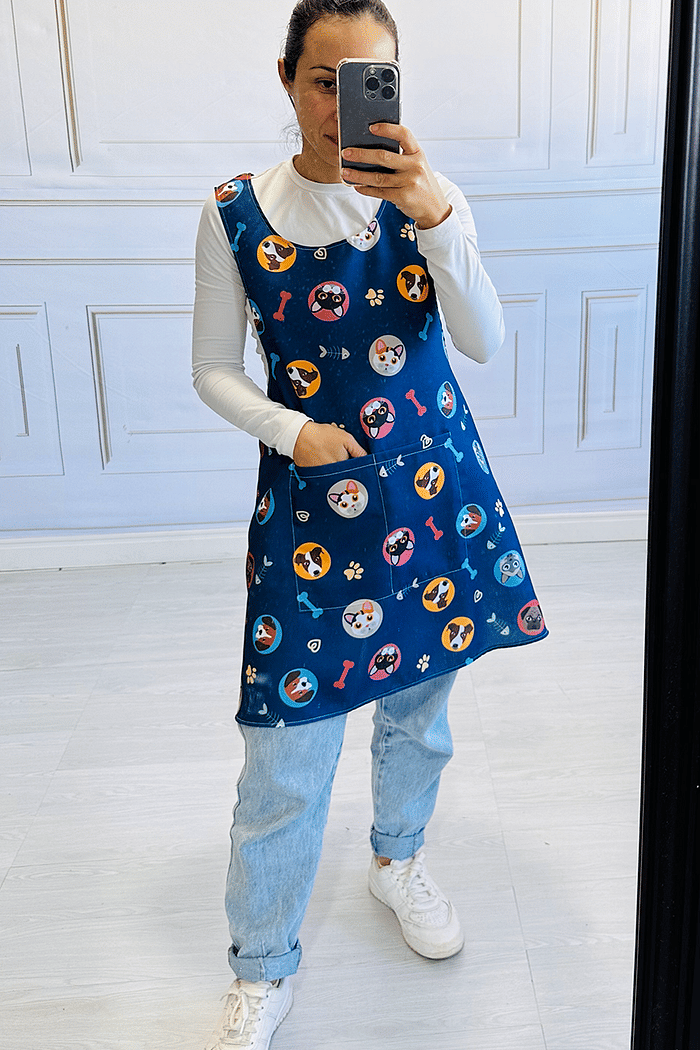 Avental Japonês Azul Marinho Gatinho e Cachorros