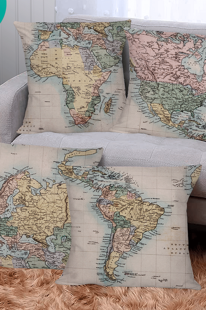 KIT 4 CAPAS DE ALMOFADAS DECORATIVAS MAPA MUNDO VIAGEM - 45x45