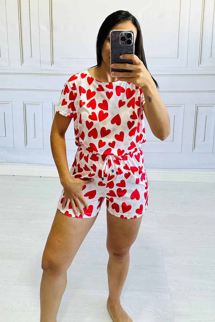 Pijama Manga CURTA  Corações Dueto Rosê e Vermelho