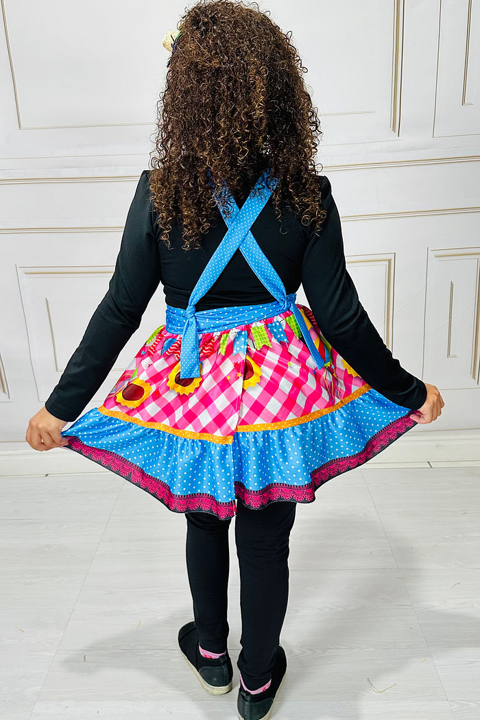 Avental Vestido Festa Junina estampa Xadrez Rosa Girassois Tal mãe tal filha MODELO INFANTIL
