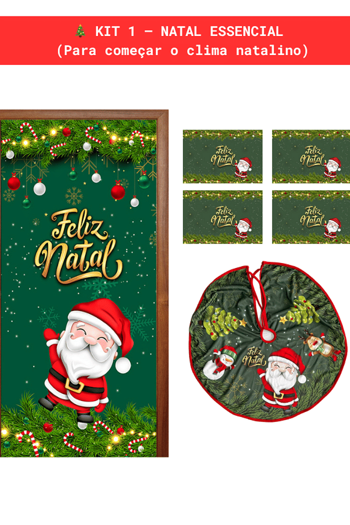 Kit 1 – Natal Essencial Capa de Porta + Saia de Pinheiro + Jogo Americano de Natal