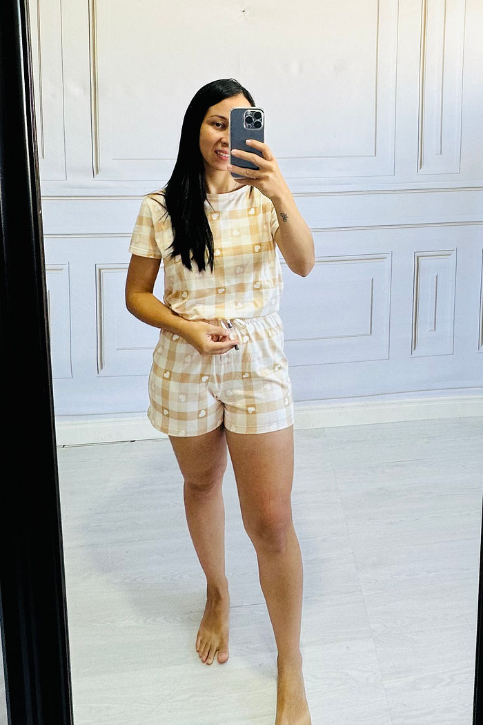 Pijama Manga Curta Xadrez com corações ROSÊ