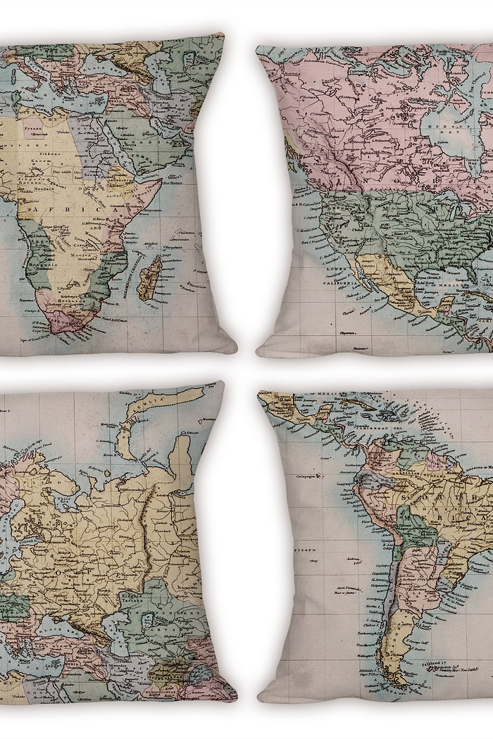 KIT 4 CAPAS DE ALMOFADAS DECORATIVAS MAPA MUNDO VIAGEM - 45x45