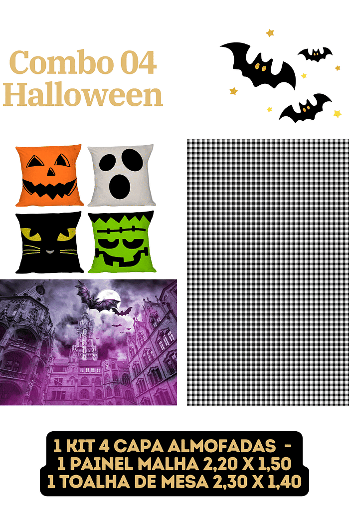 Combo Halloween (Painel + Kit 4 Capa Almofadas + Toalha de Mesa)