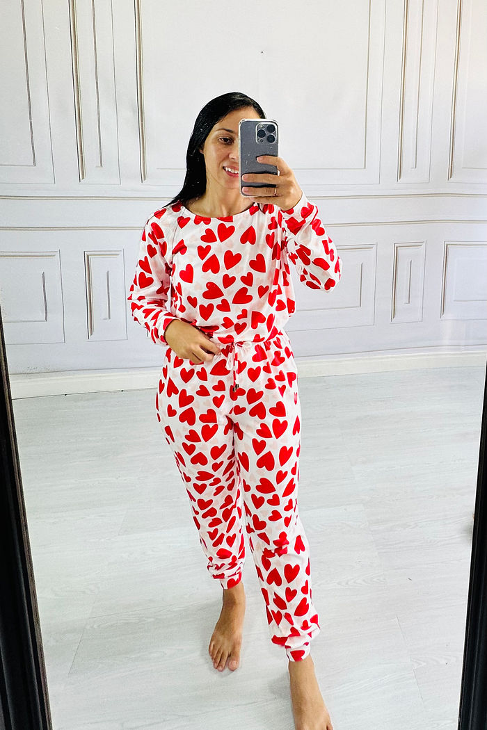 Pijama Manga Longa  Corações Dueto Rosê e Vermelho