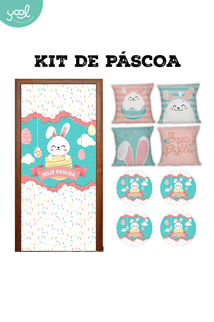 Kit de Páscoa Coelho Ovinho 1 Capa de Porta + 4 Capa de Almofada + 4 Capa de Sousplat