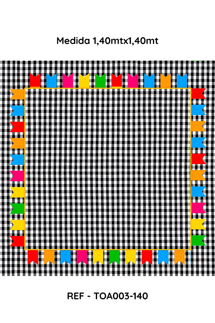 Toalha de Mesa Festa Junina Xadrez Preto com Bandeirolas Coloridas , Medida 1,40mt x 1,40mt