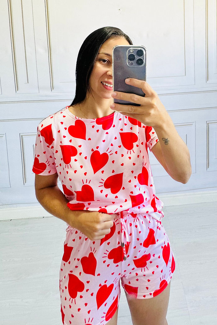 Pijama Manga Curta confort Estampa Corações Vermelho