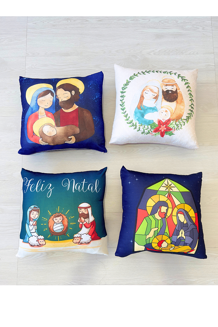 KIT 4 CAPAS DE ALMOFADAS SAGRADA FAMILIA MALHA CONFORT DECORATIVAS NATAL - 45x45