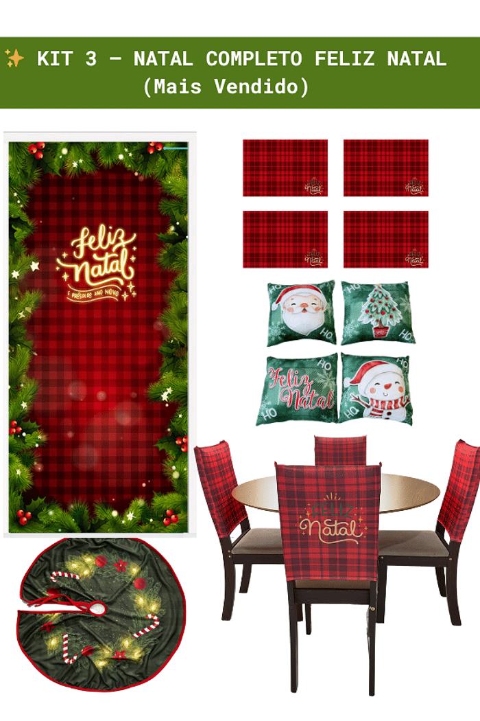 Kit 3 – Natal Completo Feliz Natal | Decoração coordenada e sofisticada