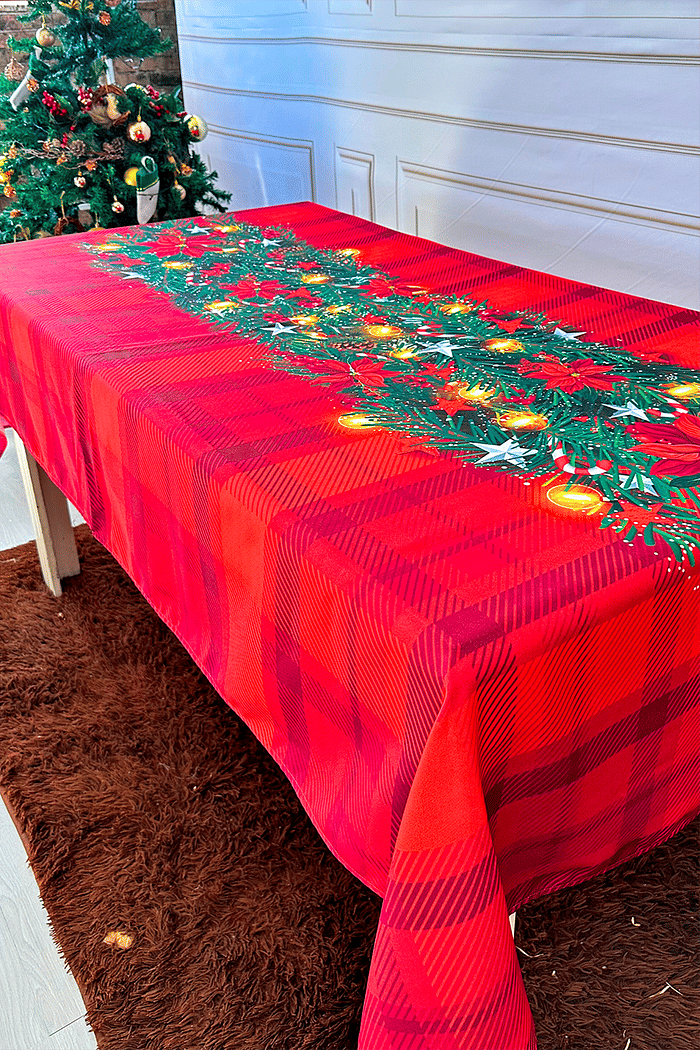 Toalha de Mesa Natal Retangular Vermelha Arranjo folhagens Luxo 2,30x1,40