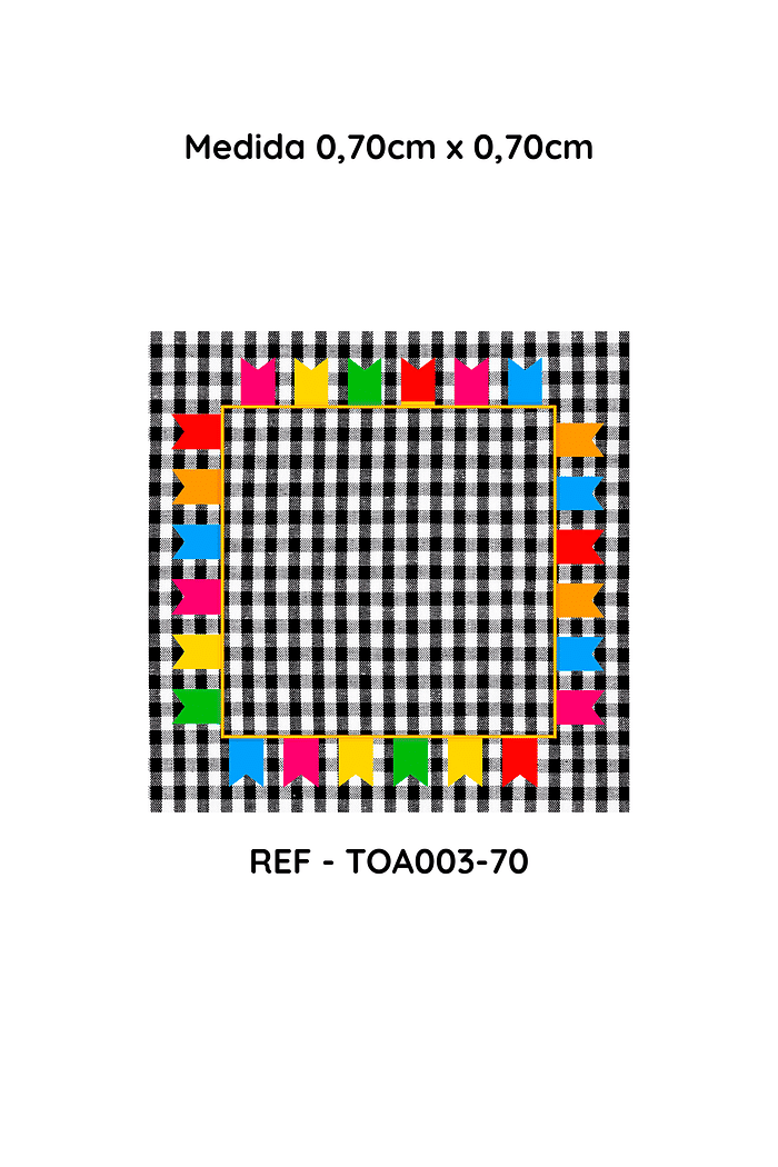 Kit com 4 Toalha de Mesa Festa Junina Xadrez Preto com Bandeirolas Coloridas , Medida 0,70mt x 0,70m