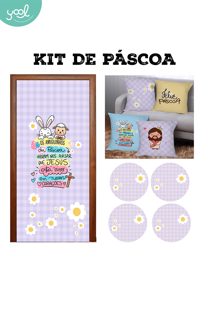 Kit de Páscoa Amiguinhos 1 Capa de Porta + 4 Capa de Almofada + 4 Capa de Sousplat