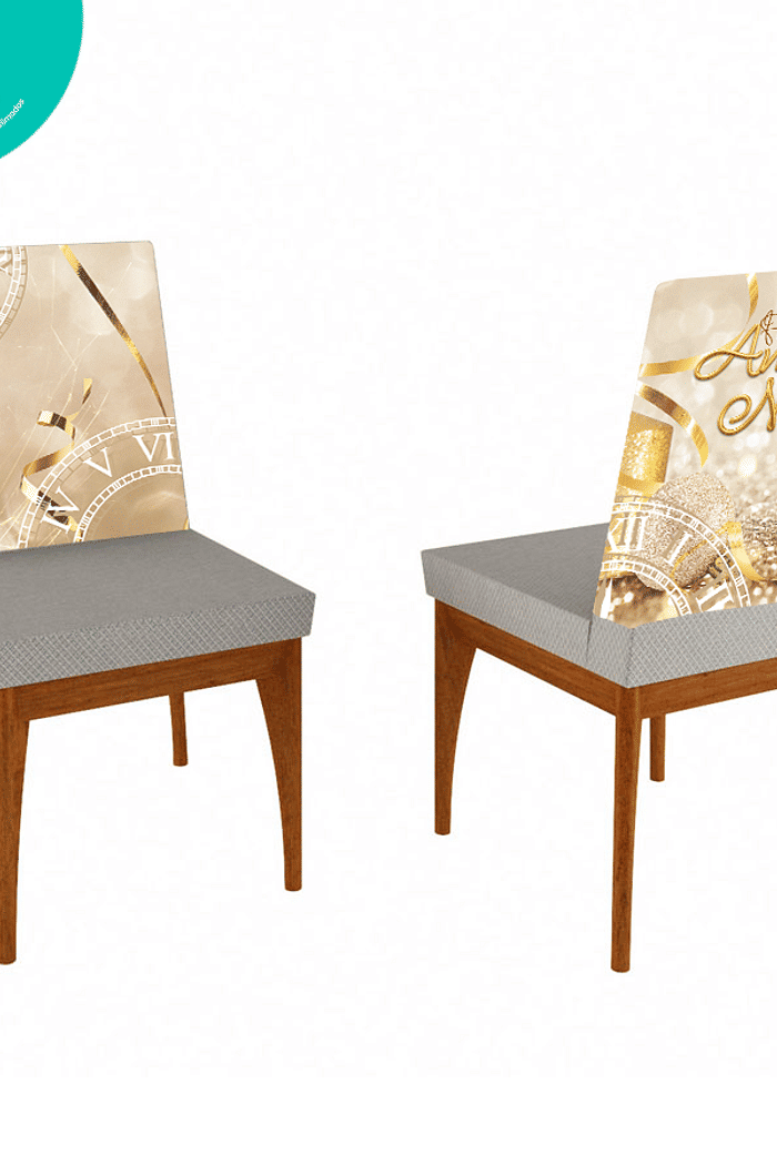 KIT COM 4 Capa de Cadeira Decorativa Ano Novo Reveilon Fundo Dourado Virada do Tempo