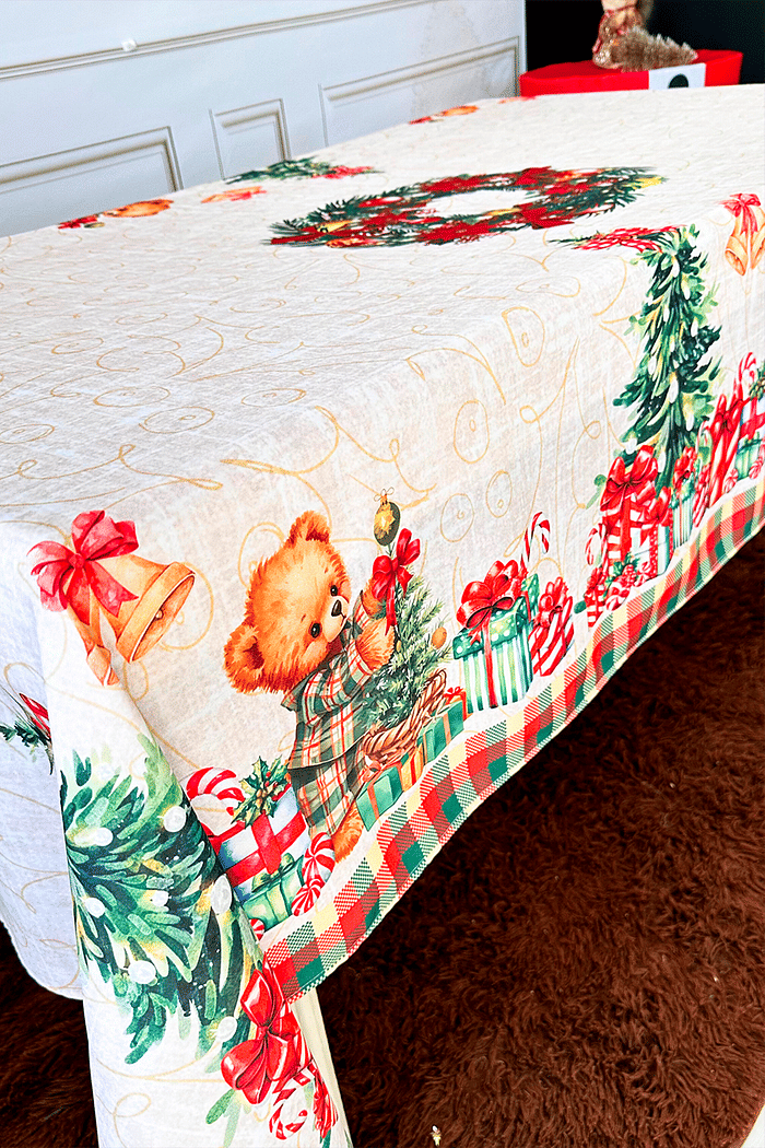 Toalha de Mesa Natal Retangular 6 Lugares Bege ursinho e presentes Luxo 2,30x1,40