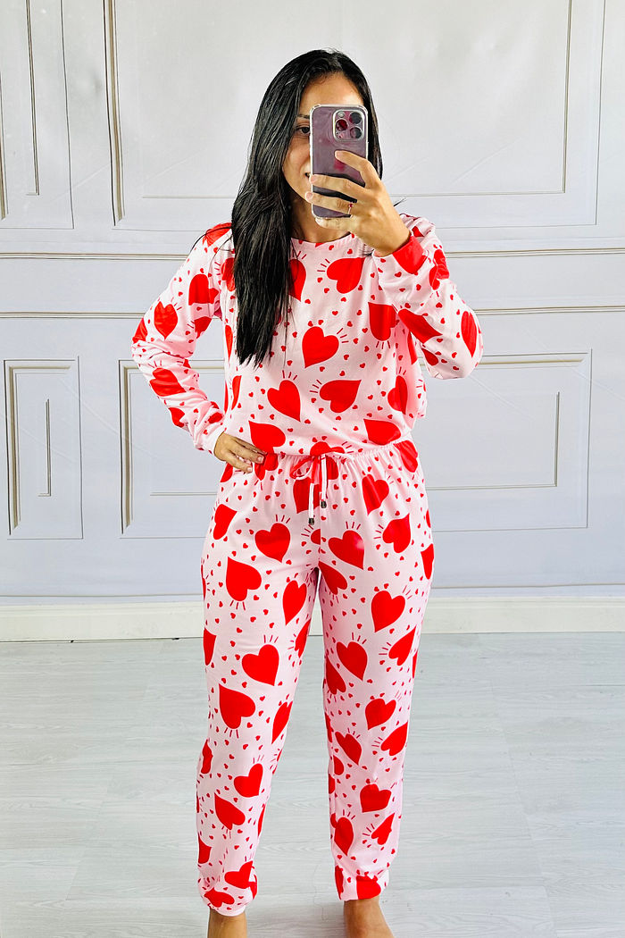 Pijama Manga Longa Estampa Corações Vermelho