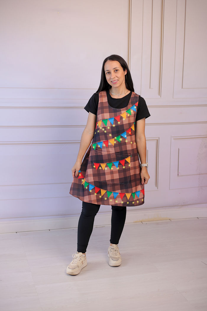 Avental Japonês Festa Junina Xadrez Marron