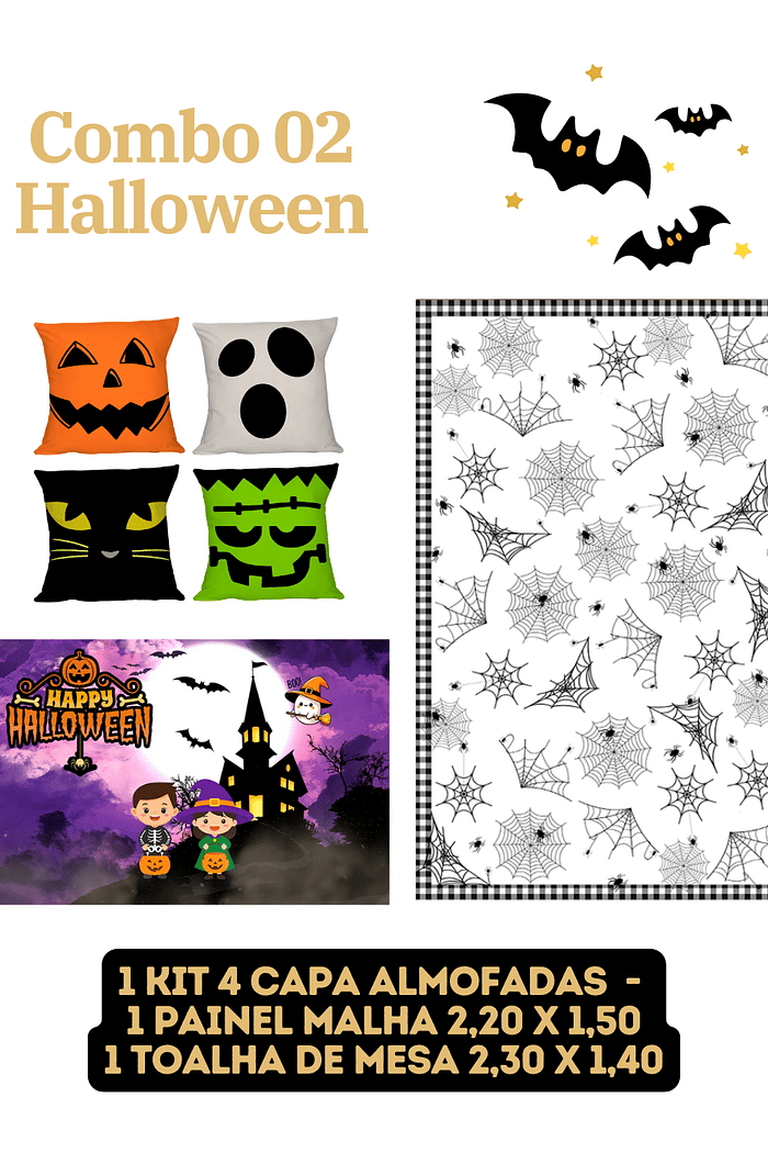 Combo Halloween Kids (Painel + Kit 4 Capa Almofadas + Toalha de Mesa)