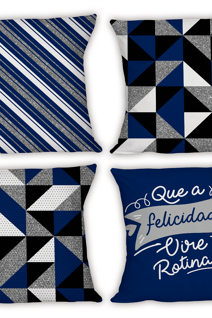 KIT 4 CAPAS DE ALMOFADAS DECORATIVAS ROTINA DA FELICIDADE AZUL - 45x45