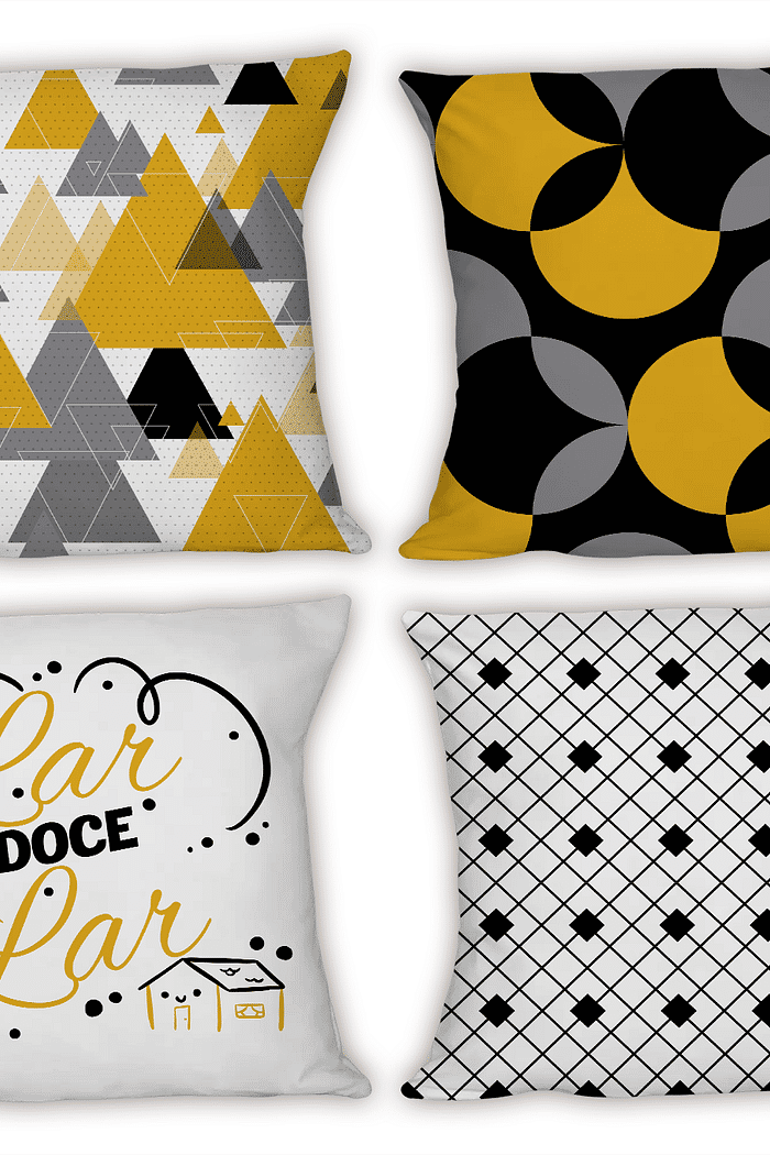 KIT 4 CAPAS DE ALMOFADAS DECORATIVAS LAR DOCE LAR AMARELO - 45x45