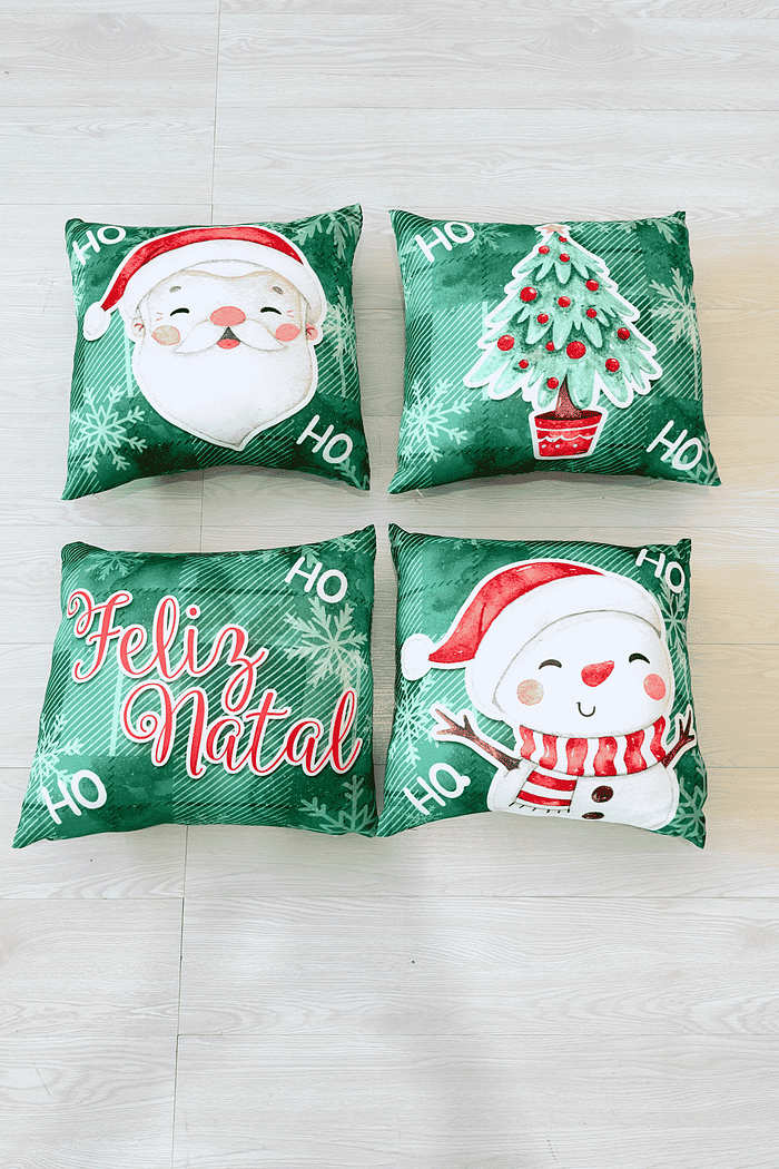KIT 4 CAPAS DE ALMOFADAS MALHA CONFORT PAPAI NOEL HO HO HO DECORATIVAS NATAL - 45x45