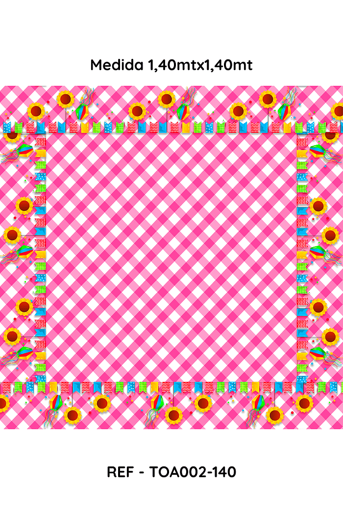 Toalha de Mesa Xadrez Rosa Festa Junina Bandeirinhas, Medida 1,40mt x 1,40mt