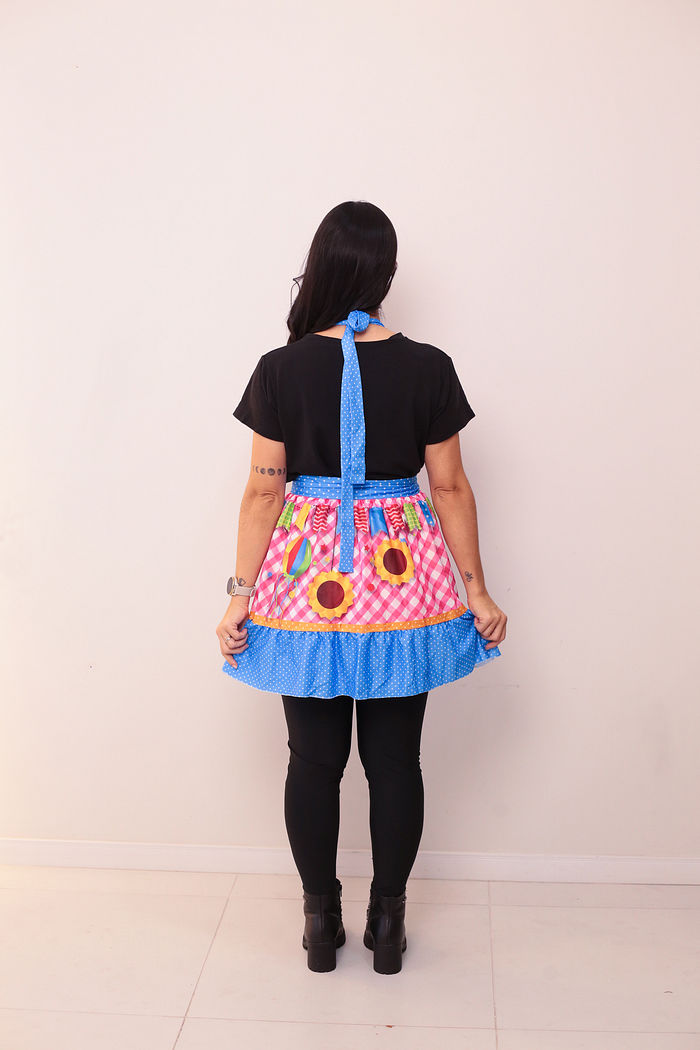 Avental Vestido Festa Junina estampa Xadrez Rosa com girassois MODELO ADULTO