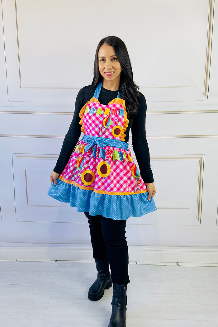 Avental Vestido Festa Junina estampa Xadrez Rosa com girassois MODELO ADULTO