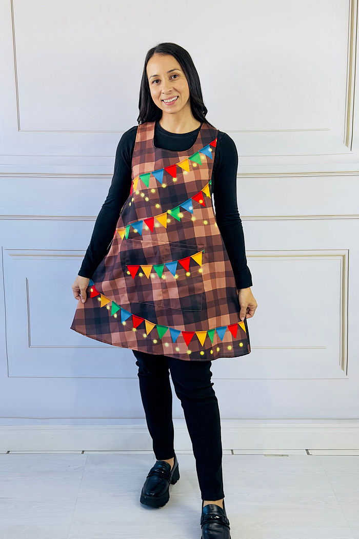 Avental Japonês Festa Junina Xadrez Marron