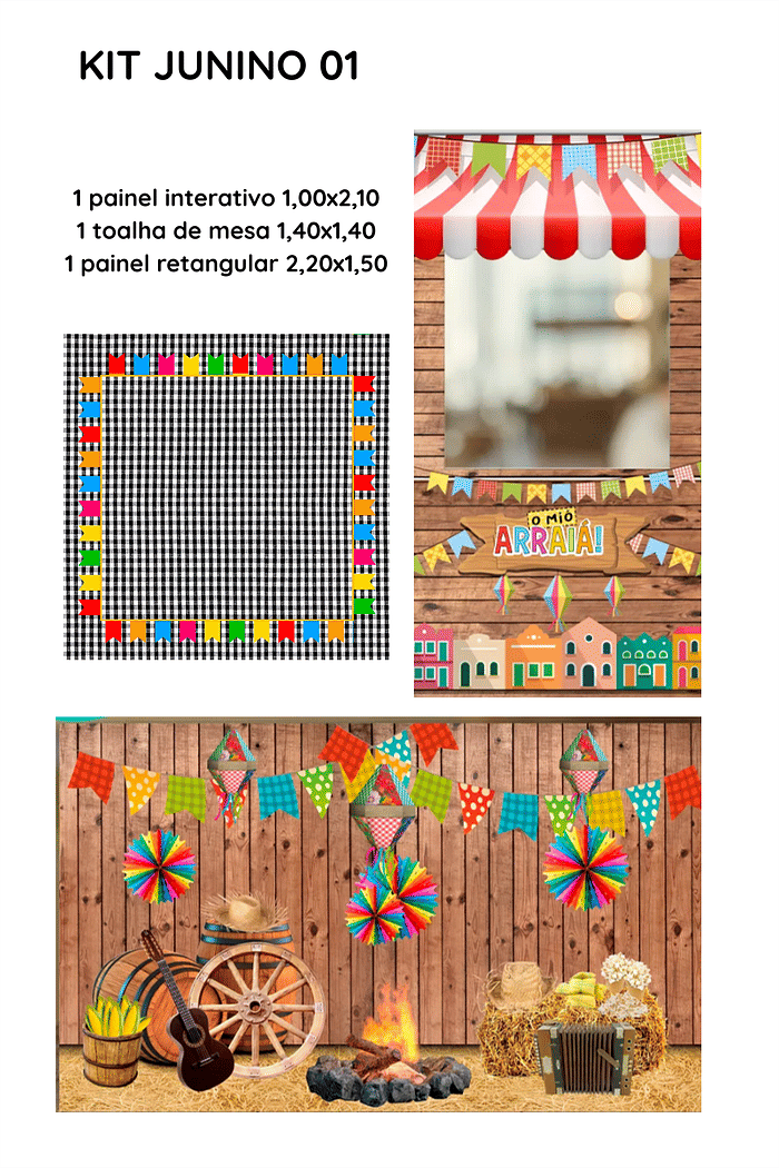 KIT JUNINO 01 - TECIDO PARA PAINEL RETANGULAR + TECIDO PARA PAINEL INTERATIVO SIMPLES + TOALHA DE MESA