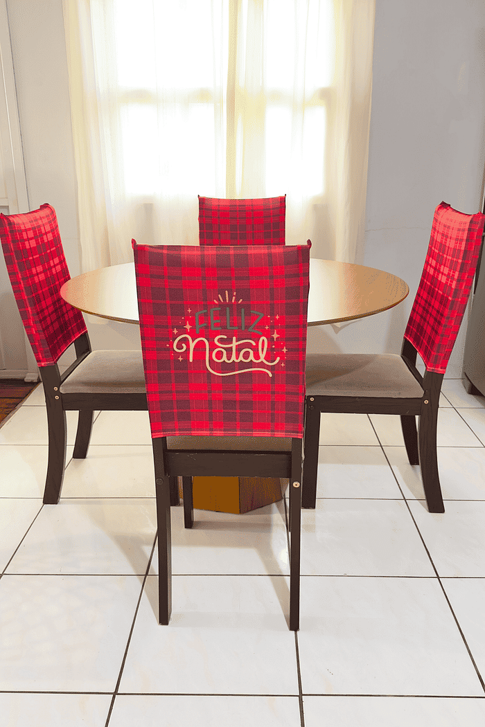 KIT COM 4 Capa de Cadeira Decorativa Natal Xadrez Tradicional Feliz Natal