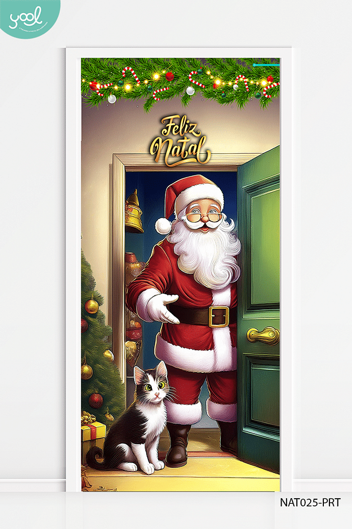 Capa de Porta Natal Papai Noel e Gatinho