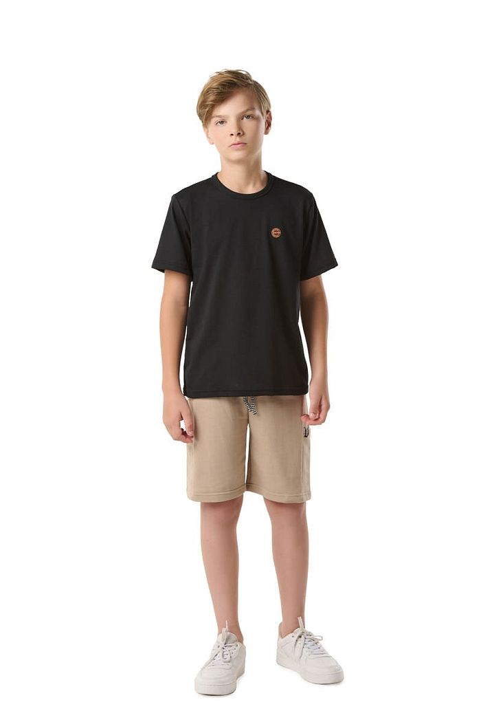 CJ.JUV CAMISETA MALHA TEXT. RELEVO C/ REF. E TERMO E BERM.MOLETINHO C/ BOLSOS,ETIQ.CLIPS E CORDÃO