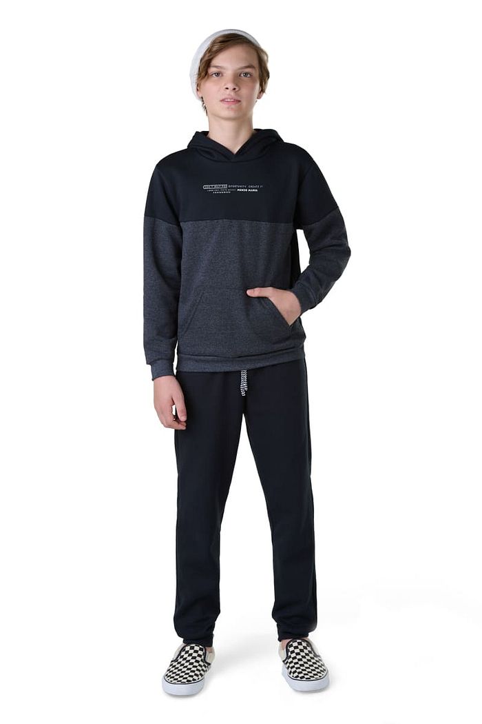 CJ.JUV MOL BLUSÃO C/ RECORTES, CAPUZ E  BOLSO CANGURU E CALÇA C/ PUNHO E CORDÃO