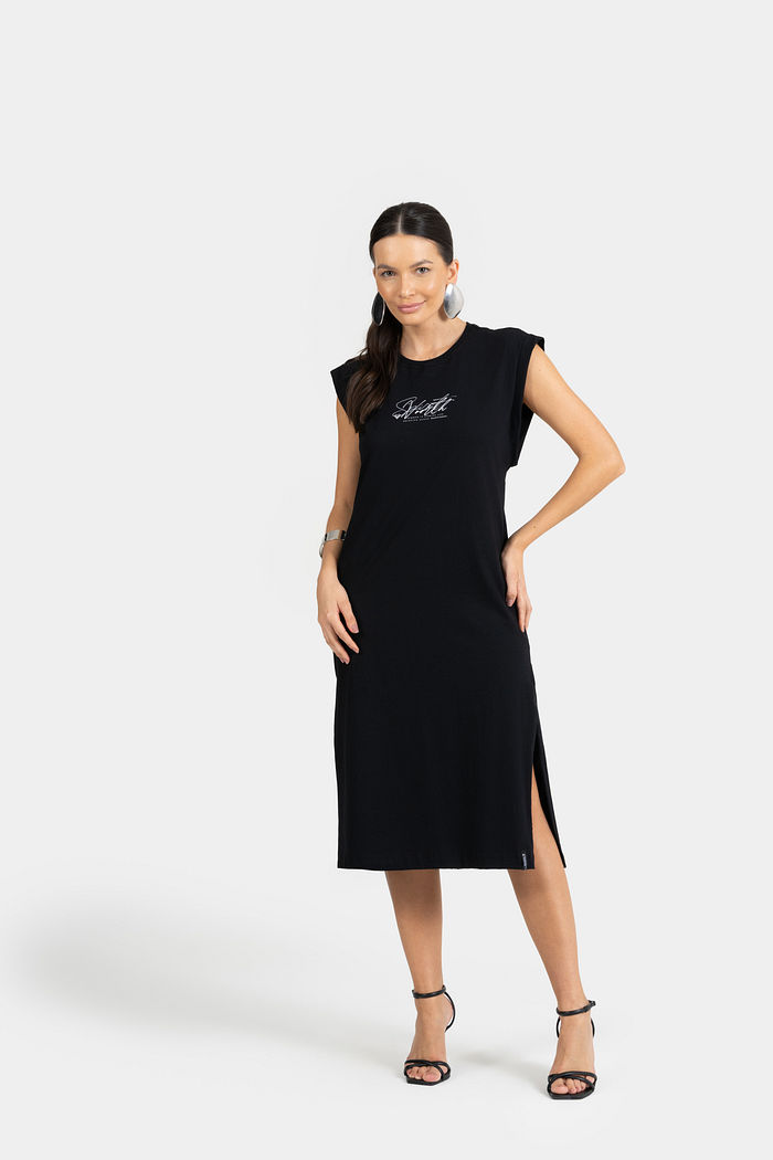 VESTIDO MIDI MEIA MALHA C/ REF.,FENDA NAS LATERAIS E ETIQ. CLIPS