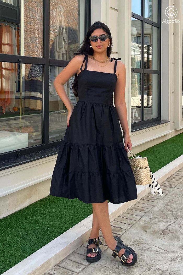 Vestido Midi Camadas De Alças Tricoline Algodão Athenas Preto