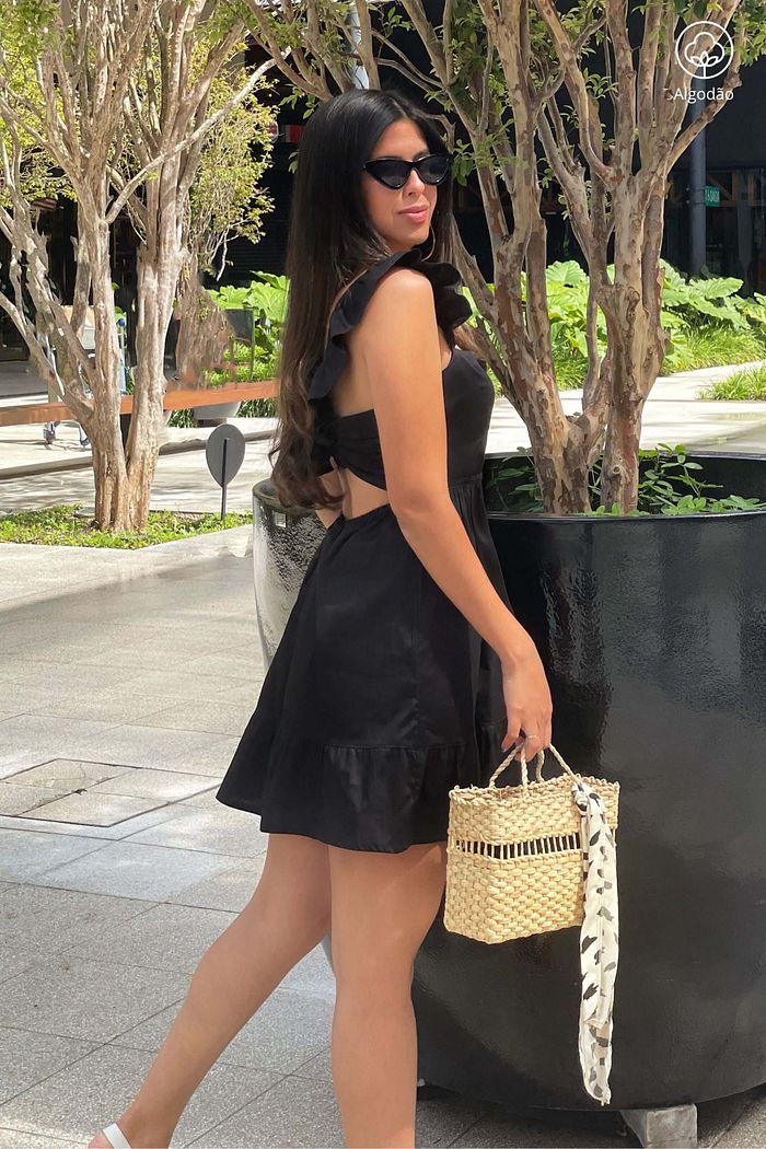 Vestido Curto de Alças Tricoline Algodão Katerini Preto