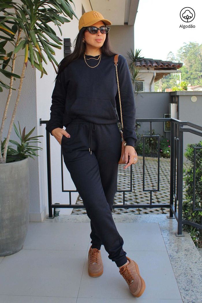 Conjunto Moletom Felpado Feminino Calca Jogger Blusa Manga Longa Soho Preto