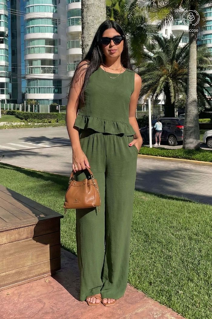 Conjunto Feminino Calca Blusa Savoi Viscose Verde Militar