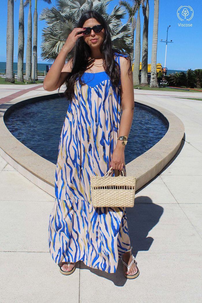 Vestido Longo de Alcas Amarracao Viscose Duo Abstrato Azul Royal