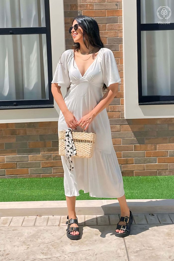 Vestido Midi Manga Curta Decote V Viscose Brisi Off White